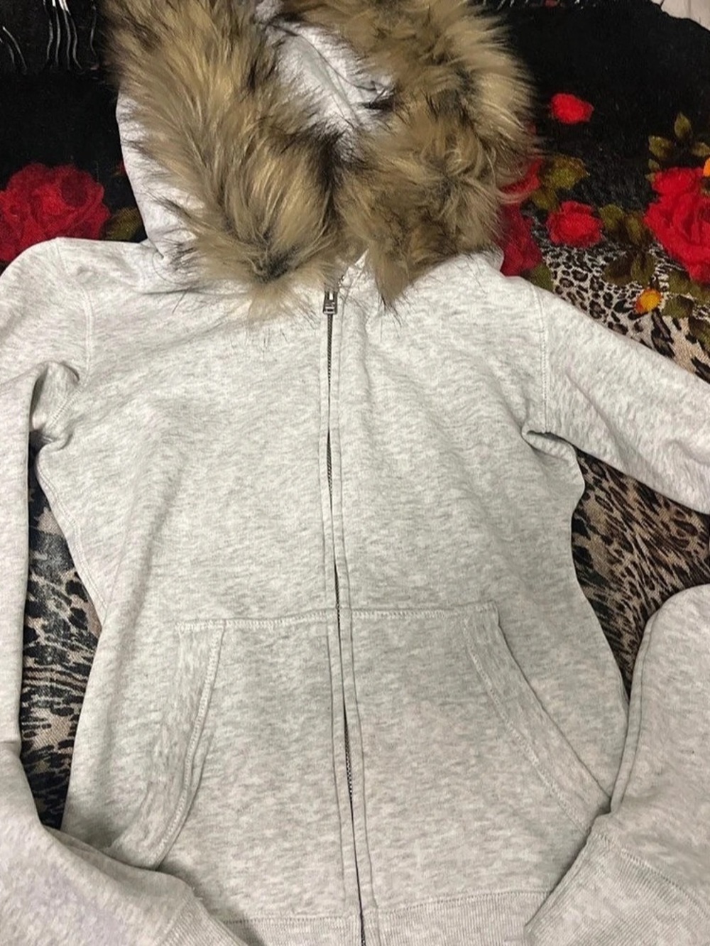 Hollister Feel Good Faux Fur Trim Zip-Up Hoodie Gray XS